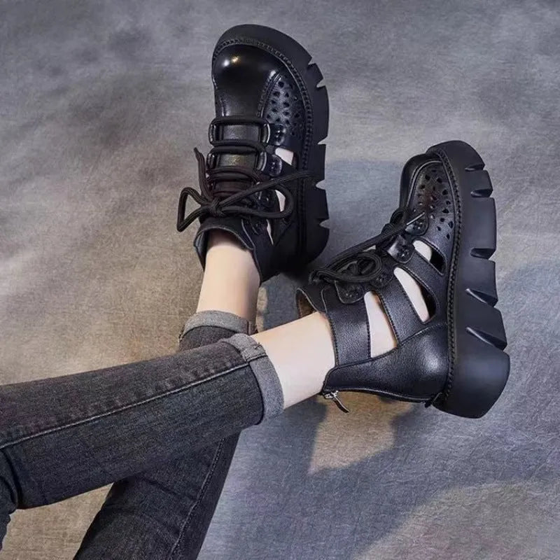 Women's black platform sandals with hollow hole design and fish mouth toe opening