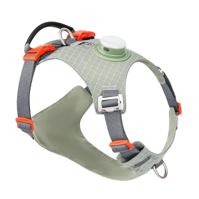 Nylon dog harness with LED light on dog's chest, shown in light purple, for nighttime walks.
