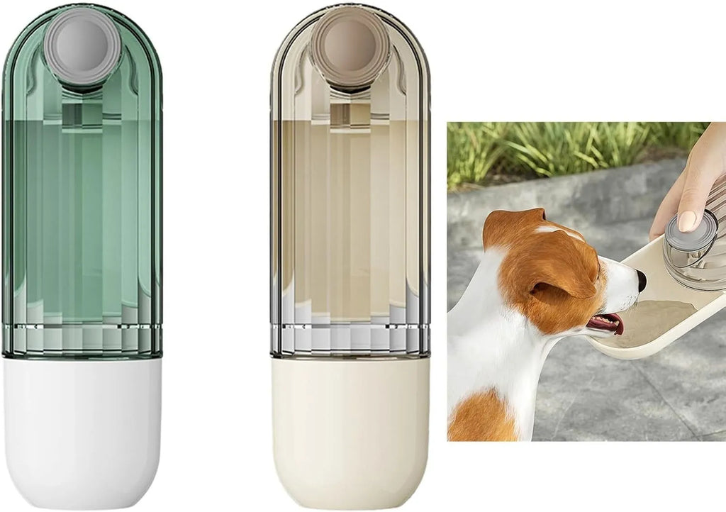 Beige foldable dog water bottle with food dispenser base shown extended and compressed