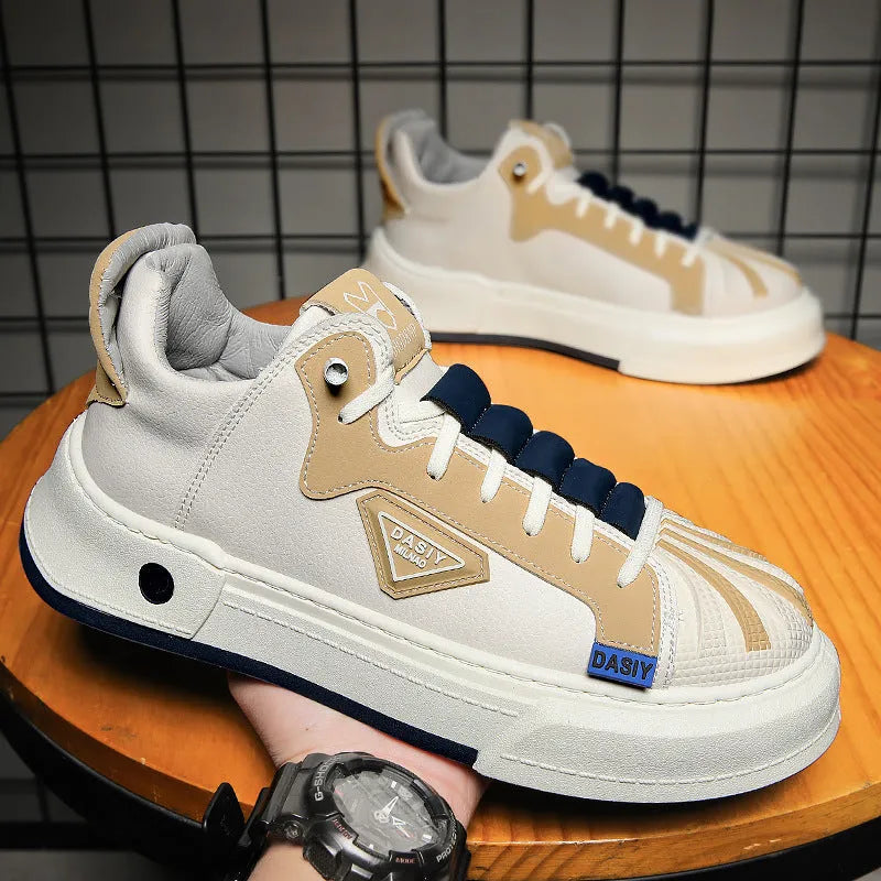 Men's beige low-top casual sneakers with elastic band and round toe
