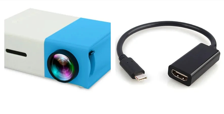 Compact black HD 1080P mini digital projector with UK power plug on white background