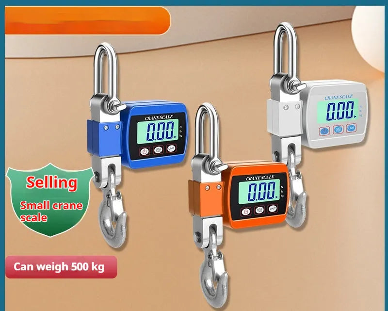 Blue digital hanging hook scale with LCD display showing weight, measuring 22cm long.