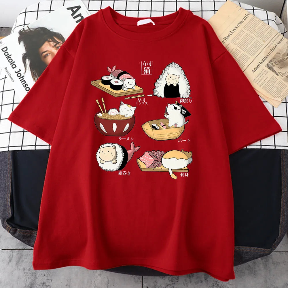 Mens black cotton t-shirt with a cartoon print of a cat dressed as sushi on a loose fit short sleeve.