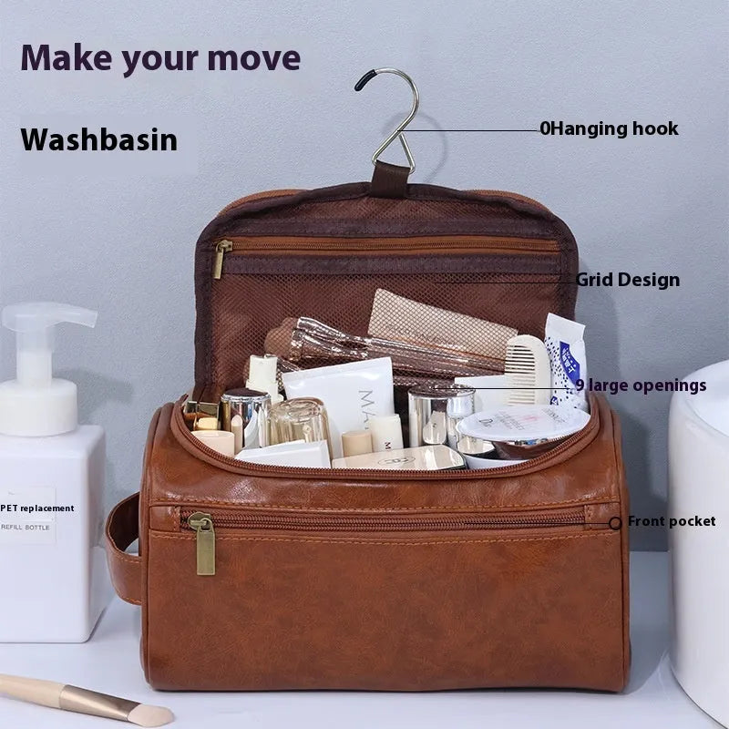 Retro style waterproof cosmetic bag in PU leather or Oxford cloth with large capacity for makeup and skincare storage