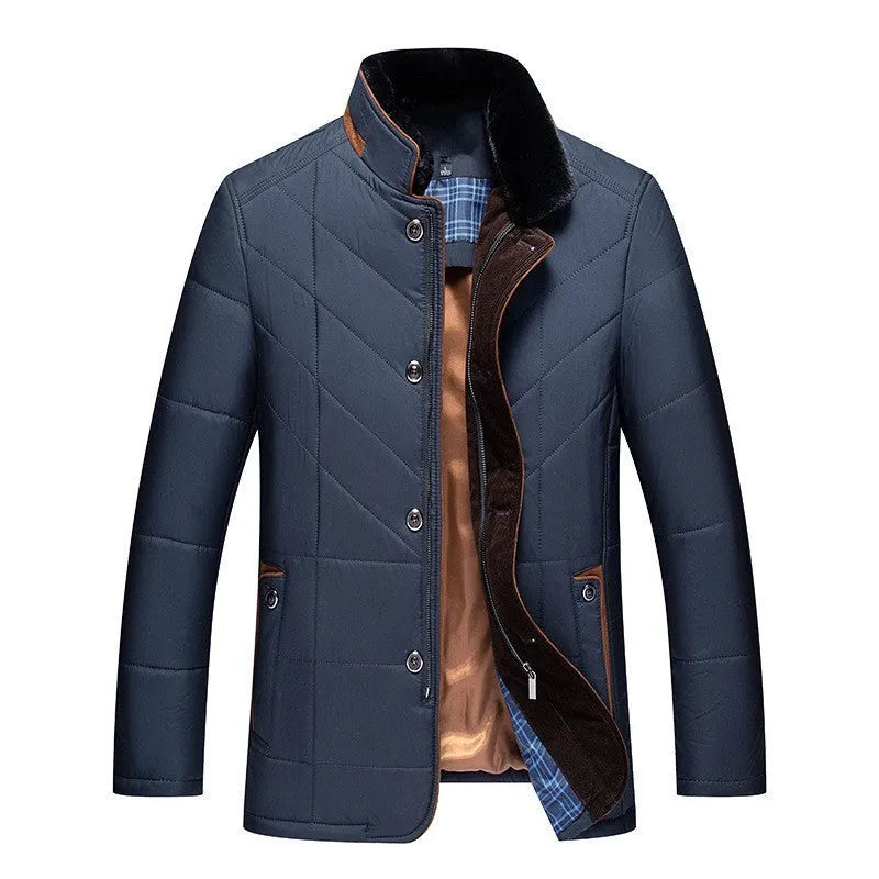 Men's solid colour winter short coat with side seam pockets in dark blue.