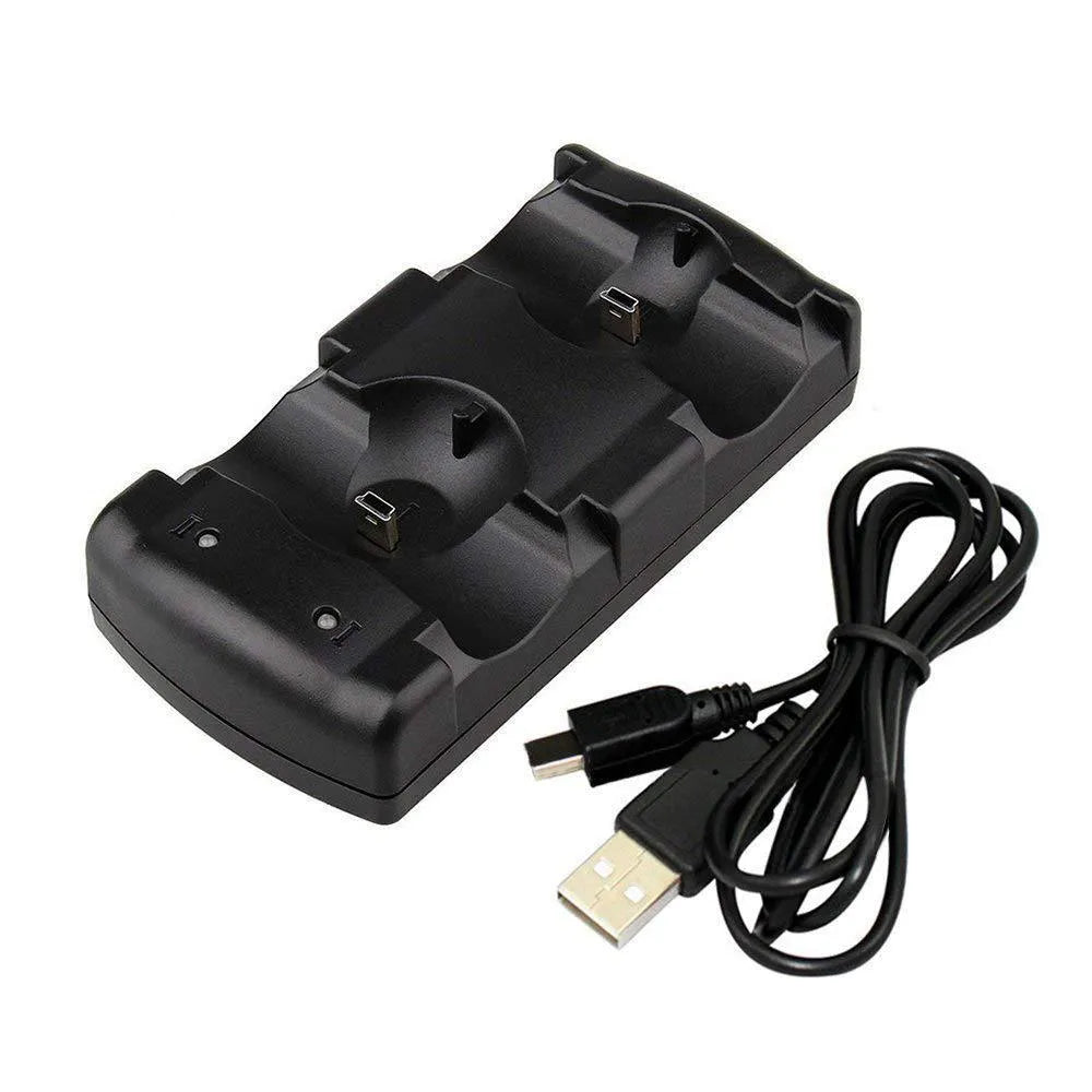 Black PS3 two-in-one wireless charging stand for PlayStation 3 controllers with USB cable