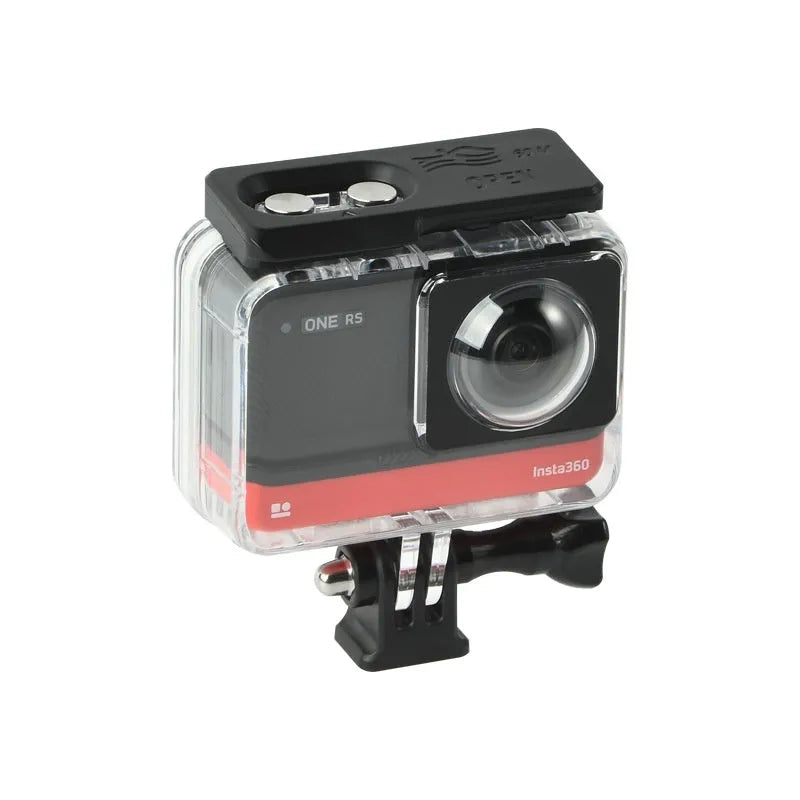 Transparent waterproof housing for Insta360 One RS panoramic camera showing clear plastic construction