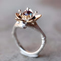 Silver two-tone floral geometric women's alloy ring shown on size guide from 5 to 11.