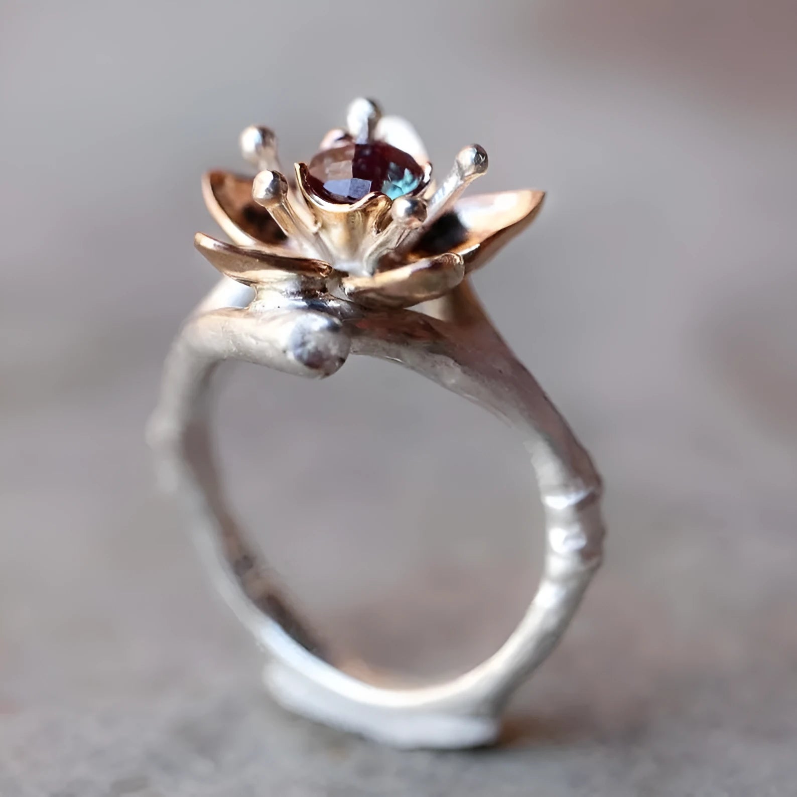 Silver two-tone floral geometric women's alloy ring shown on size guide from 5 to 11.
