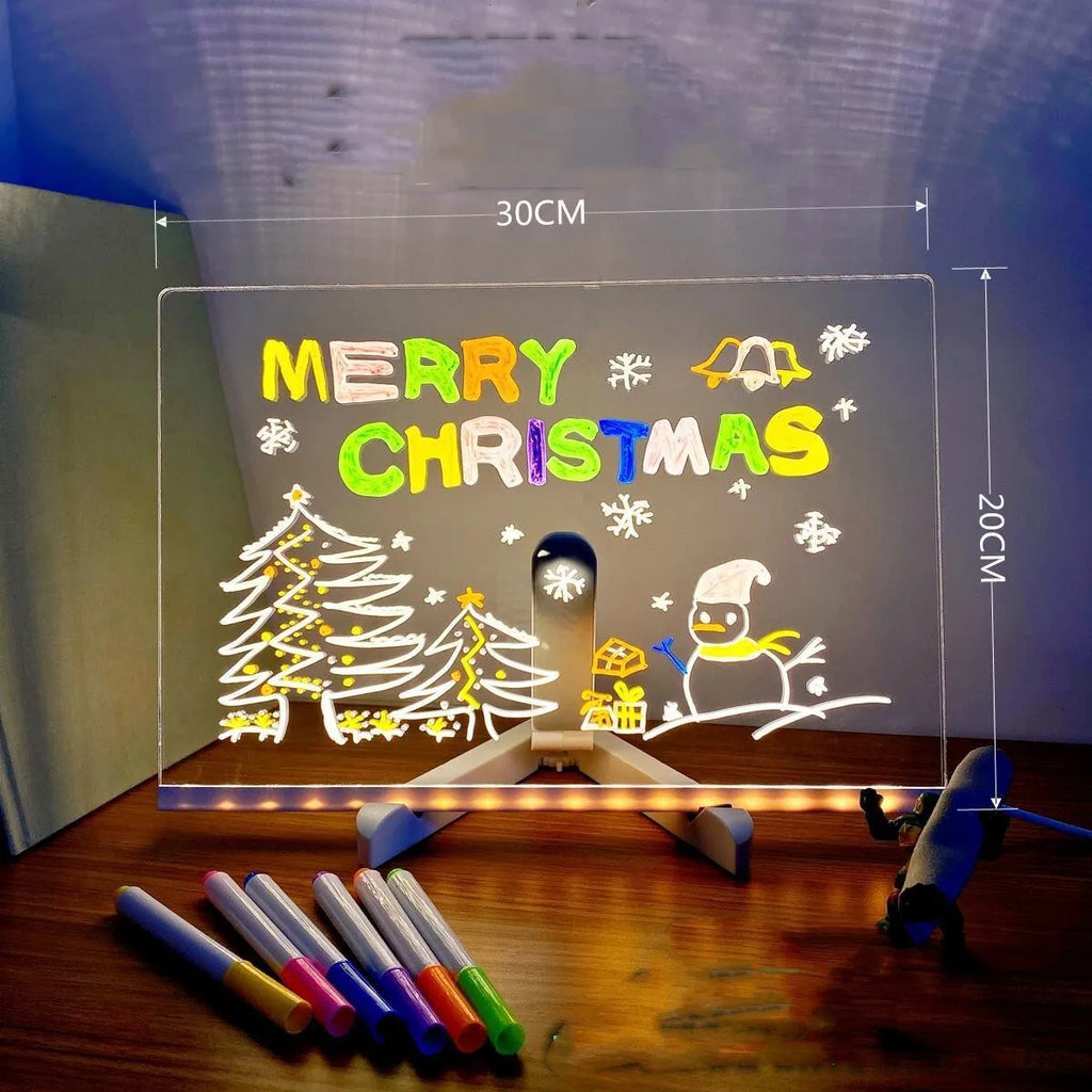 DIY transparent acrylic LED message board desk lamp with handwritten note and soft blue glow