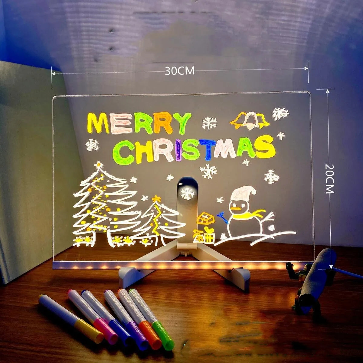 DIY transparent acrylic LED message board desk lamp with handwritten note and soft blue glow