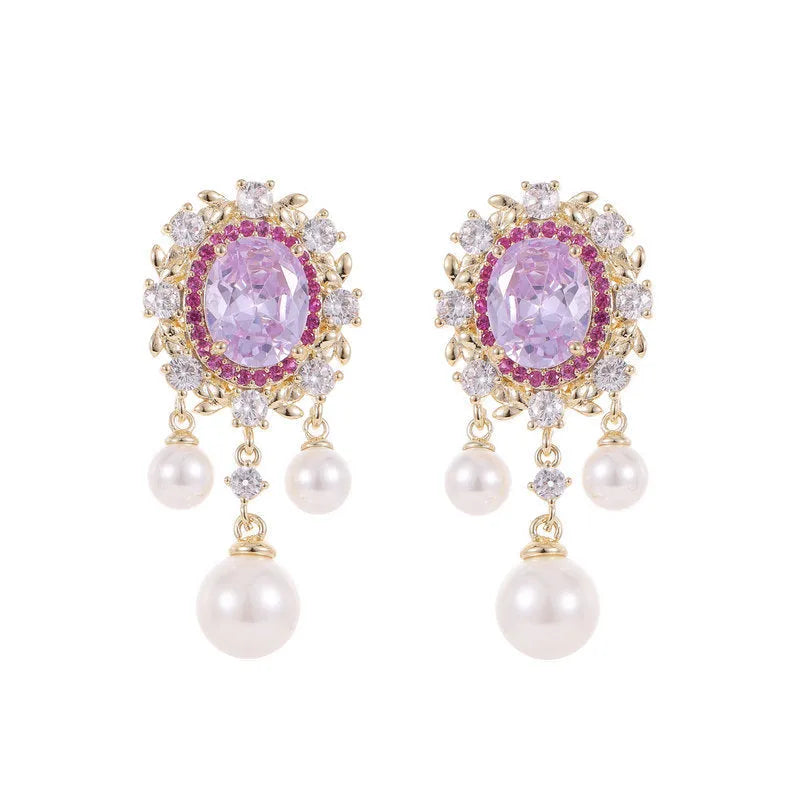 Oval geometric earrings with zircon inlay and tassel detailing in light purple colour