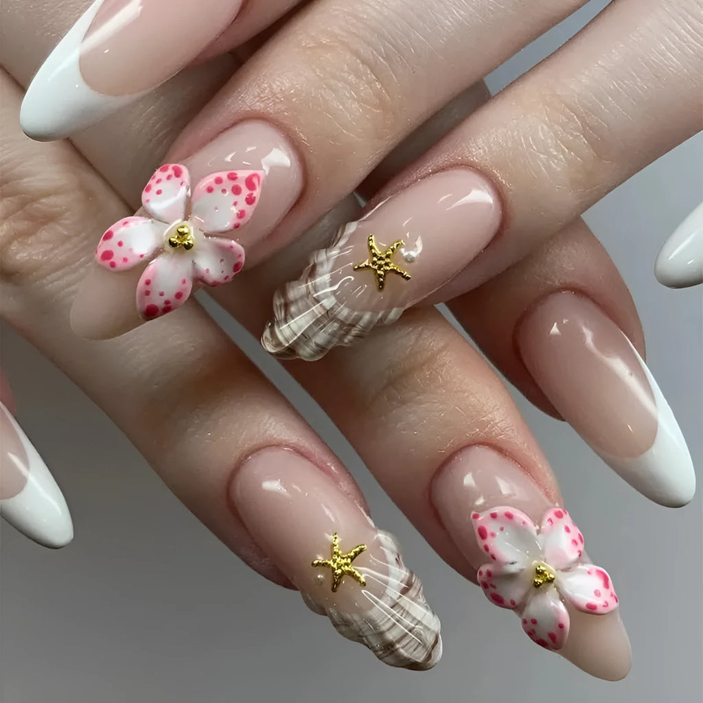 French style fake nails with floral pattern W1764 Simple Flowers colour removable adhesive patches