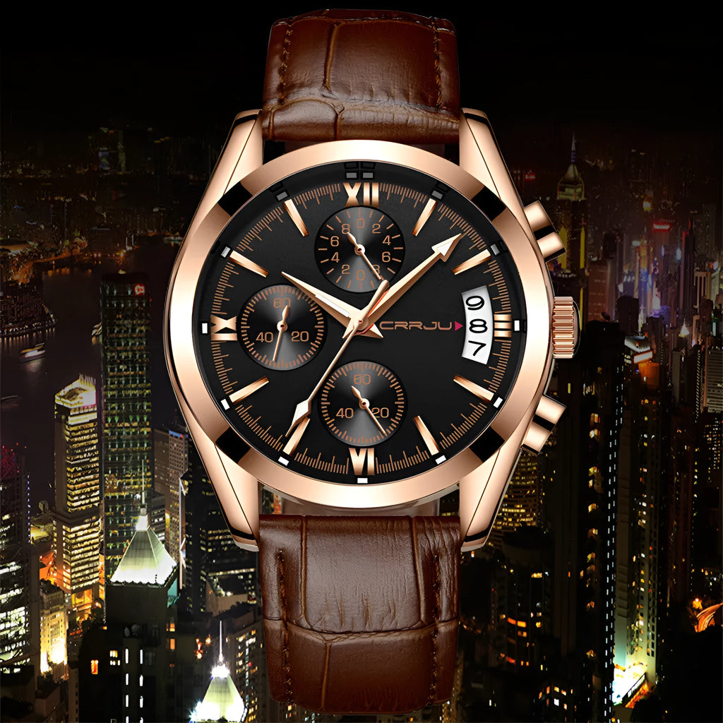 Men's multi-functional quartz watch with black shell and rose gold hands on a brown leather strap