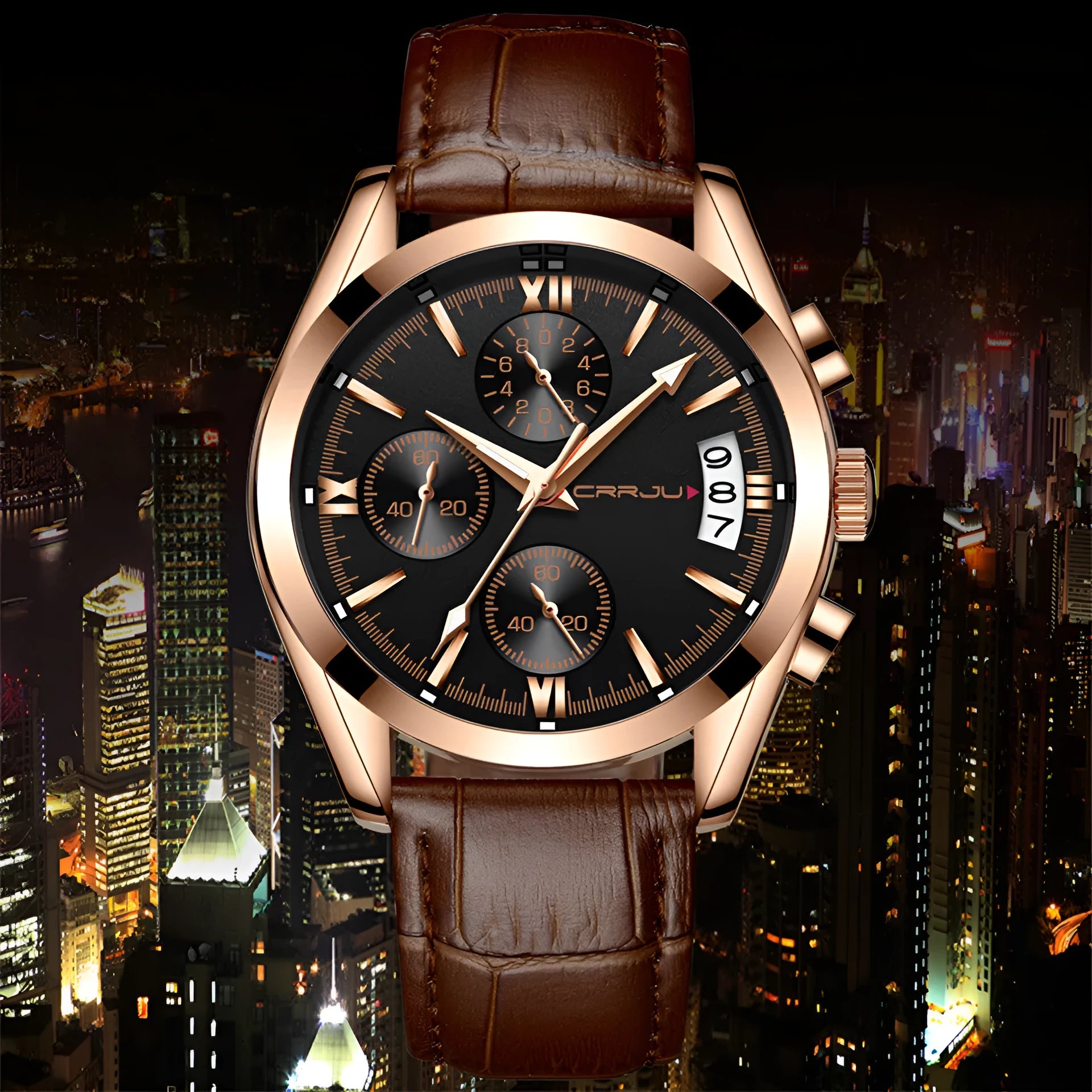 Men's multi-functional quartz watch with black shell and rose gold hands on a brown leather strap