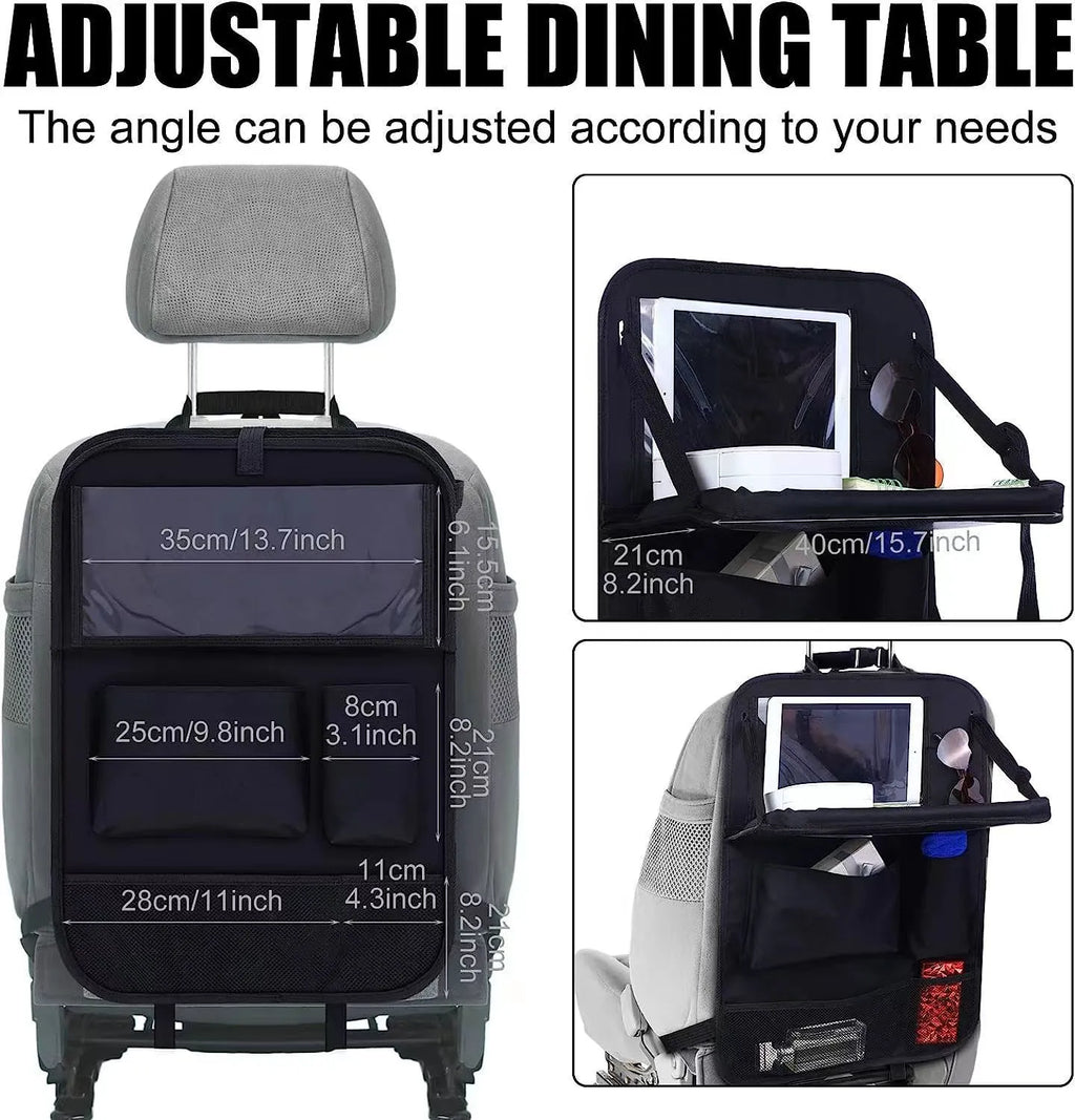 Black Oxford cloth buggy bag hanging behind car seat with dimensions 42x30 cm
