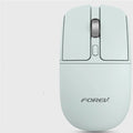 Wireless Bluetooth mouse with mute buttons on a desk next to a laptop, showing colour options.