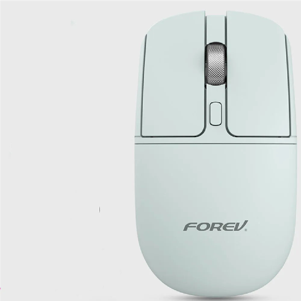 Wireless Bluetooth mouse with mute buttons on a desk next to a laptop, showing colour options.