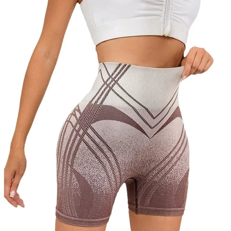 Women's high waisted gradient fitness shorts in brown colour for yoga and running activities