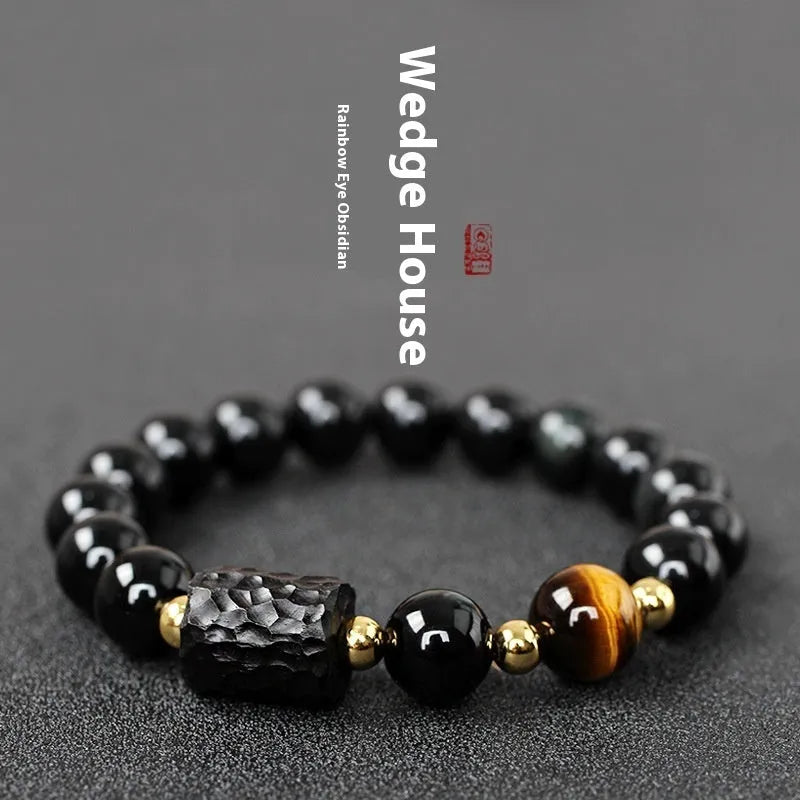 Obsidian and tiger eye bracelet with 10mm beads and circle design