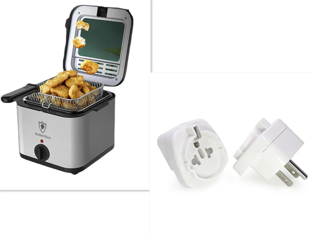 Silver electric air fryer with detachable basket on kitchen countertop