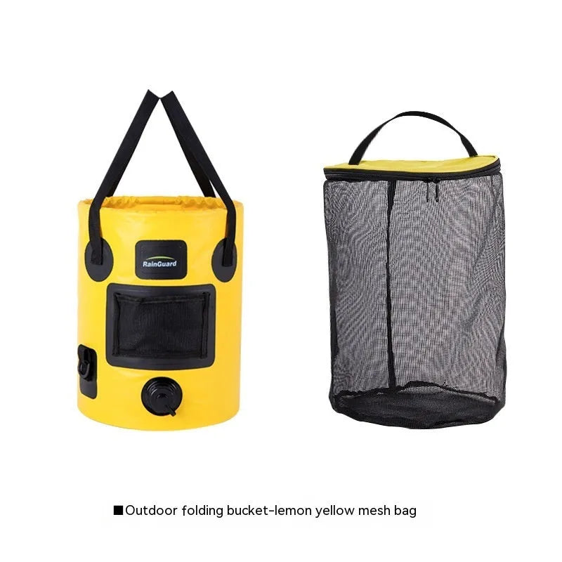 Folding fishing bucket in lemon yellow colour showing collapsed and expanded positions with mesh pocket