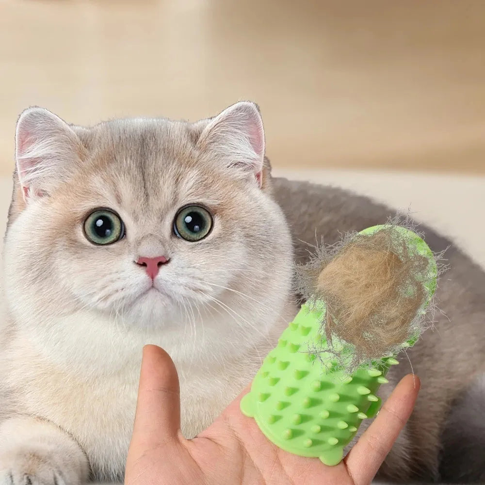 Silicone cat grooming comb with adjustable strap mounted on a furniture leg