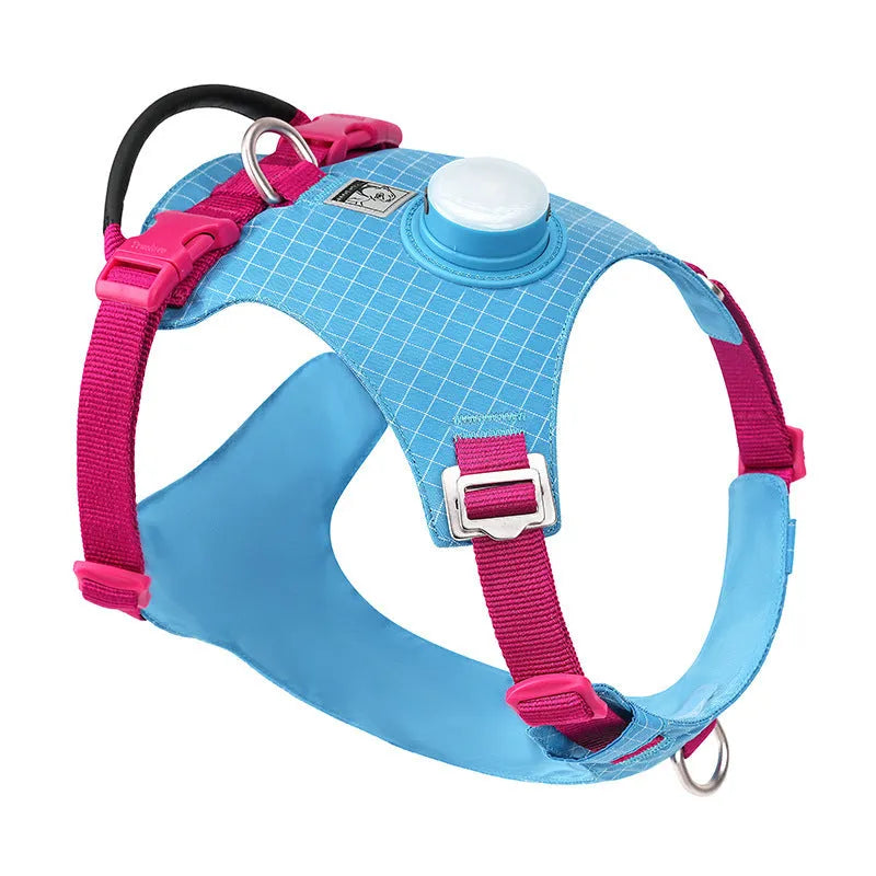 Nylon dog harness with LED light on dog's chest, shown in light purple, for nighttime walks.