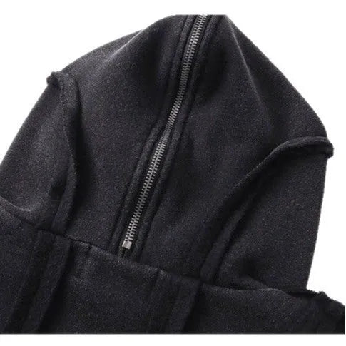 Men's black loose-fit retro cotton zip hooded coat with abstract pattern