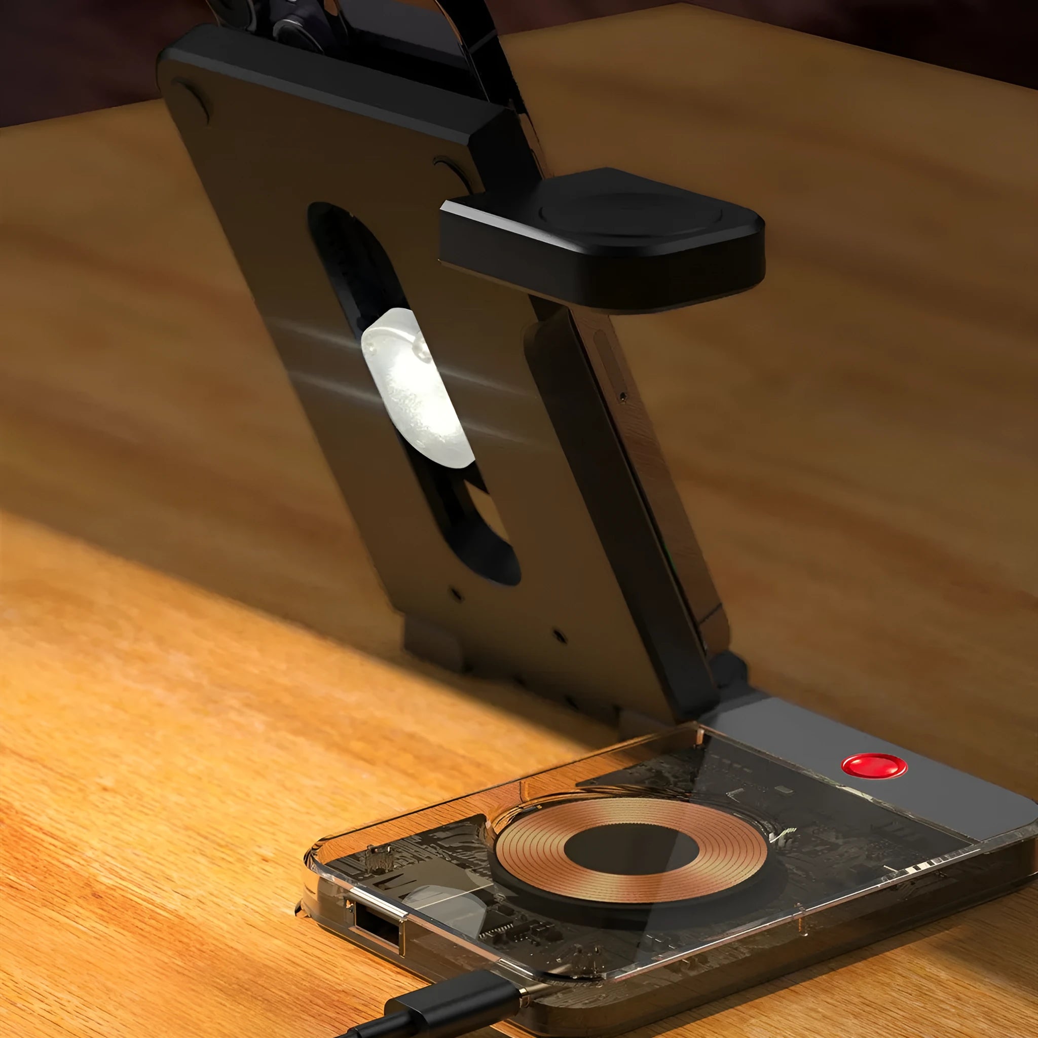 Black foldable wireless charging stand with phone, Apple Watch, and AirPods charging positions