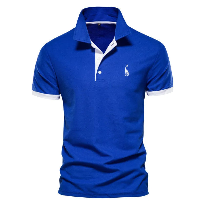 Men's slim fit embroidered short sleeve T-shirt in a cotton blend fabric on a hanger.