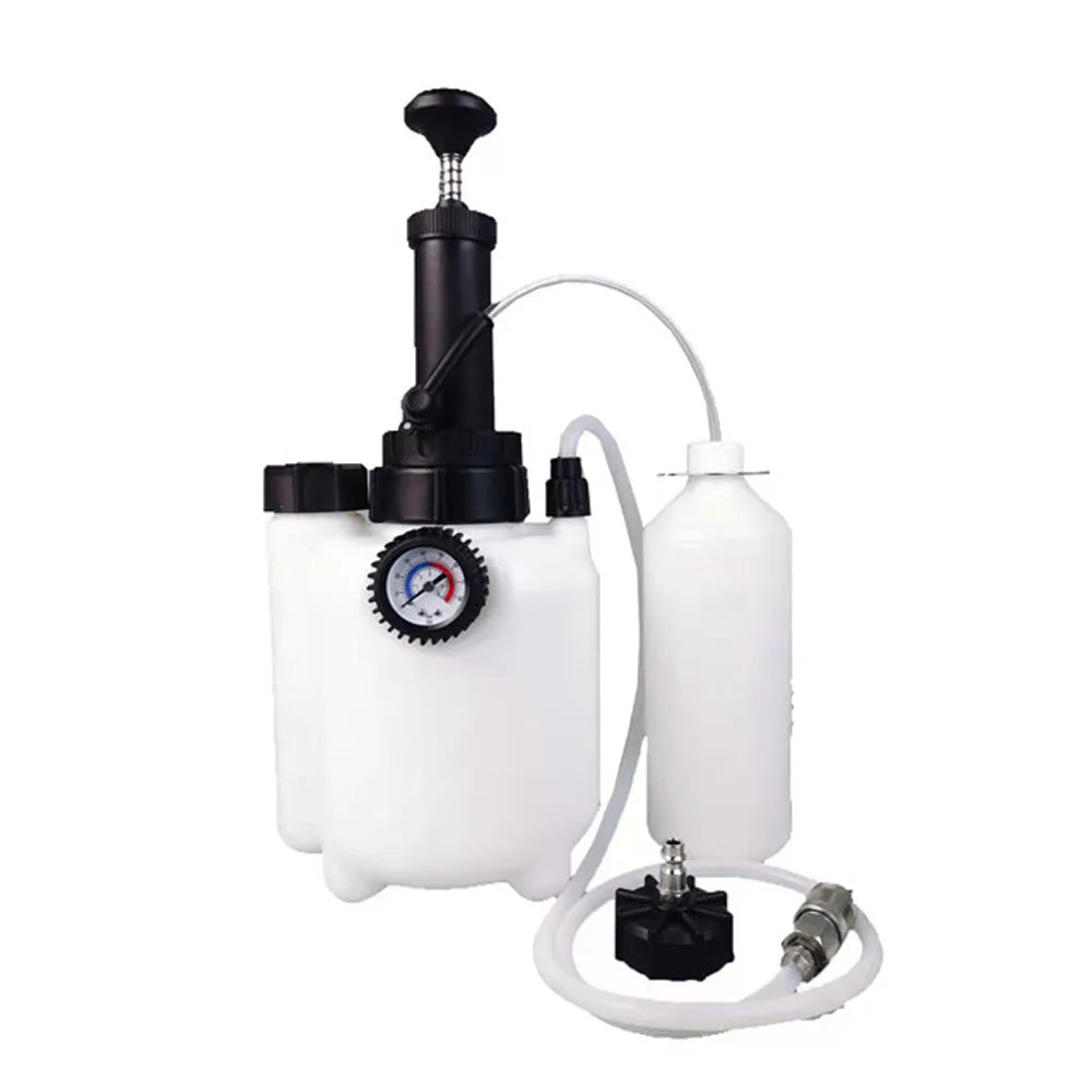 White 3-litre automotive brake fluid tank and replacement tool with copper and iron components.