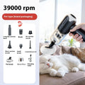 Handheld cordless pet vacuum cleaner with floor brush and nozzle attachments for removing cat and dog hair.
