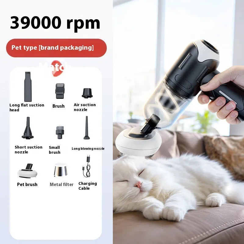 Handheld cordless pet vacuum cleaner with floor brush and nozzle attachments for removing cat and dog hair.