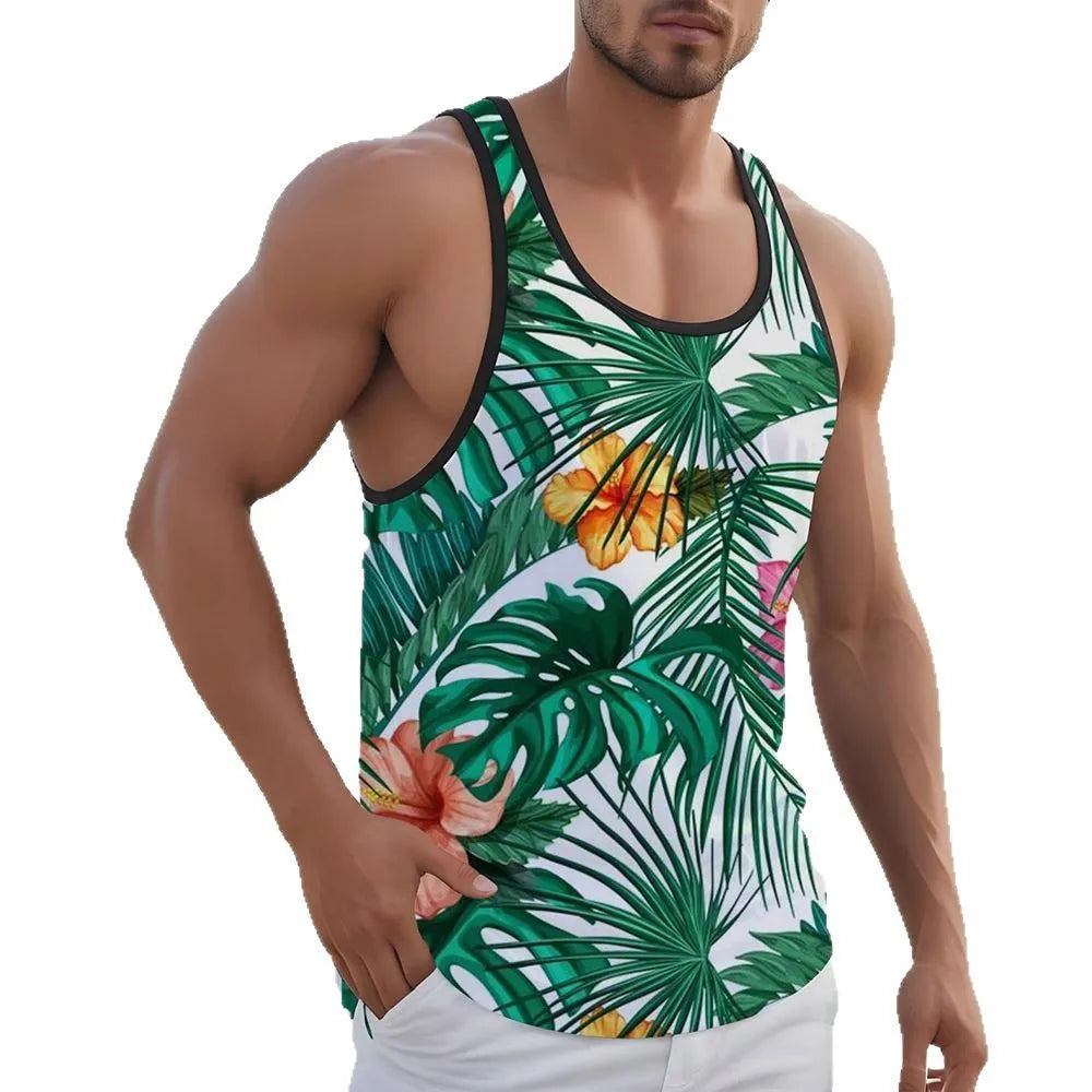 Men's 3D printed Hawaiian style sleeveless vest in solid colour on polyester pinhole cloth fabric