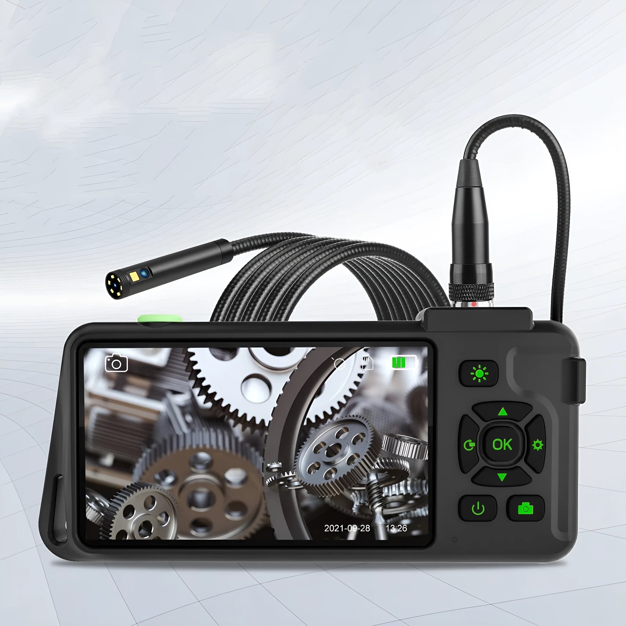 Portable industrial endoscope with 4.5-inch colour screen and 5.5mm dual lens probe