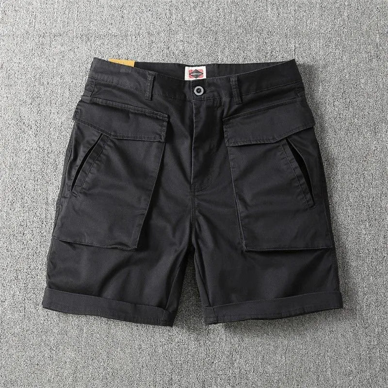 Men's straight-leg cargo shorts in army green with multiple pockets, made from stretch cotton fabric.