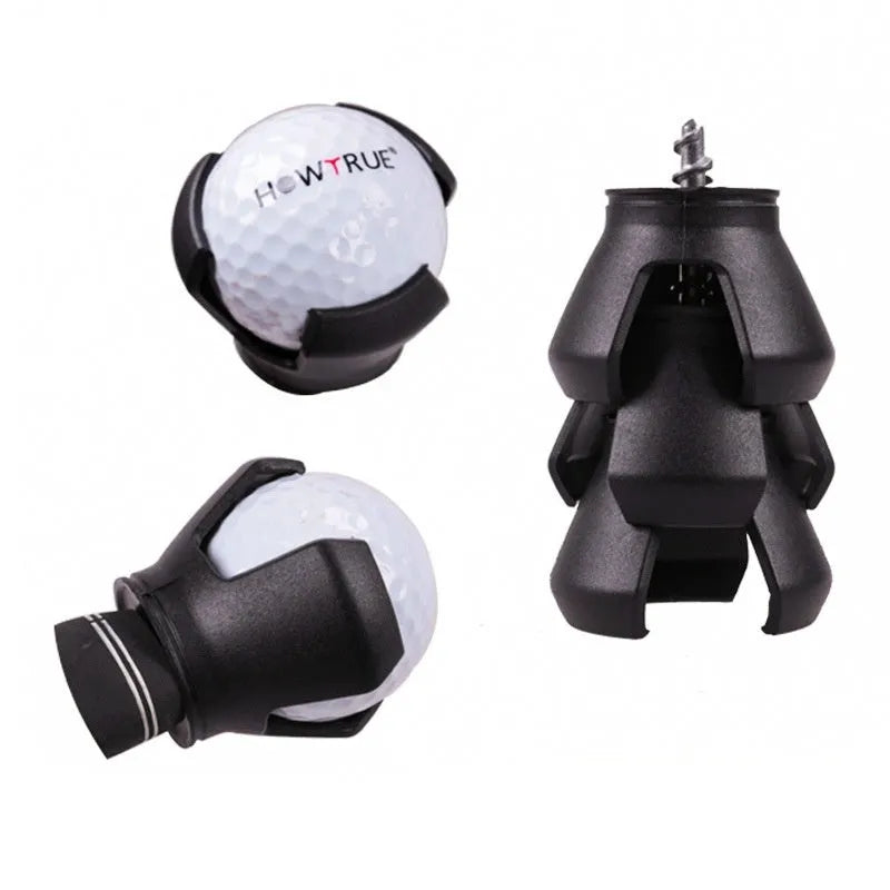 Black golf ball picking device with a clip, shown for use with a putter.