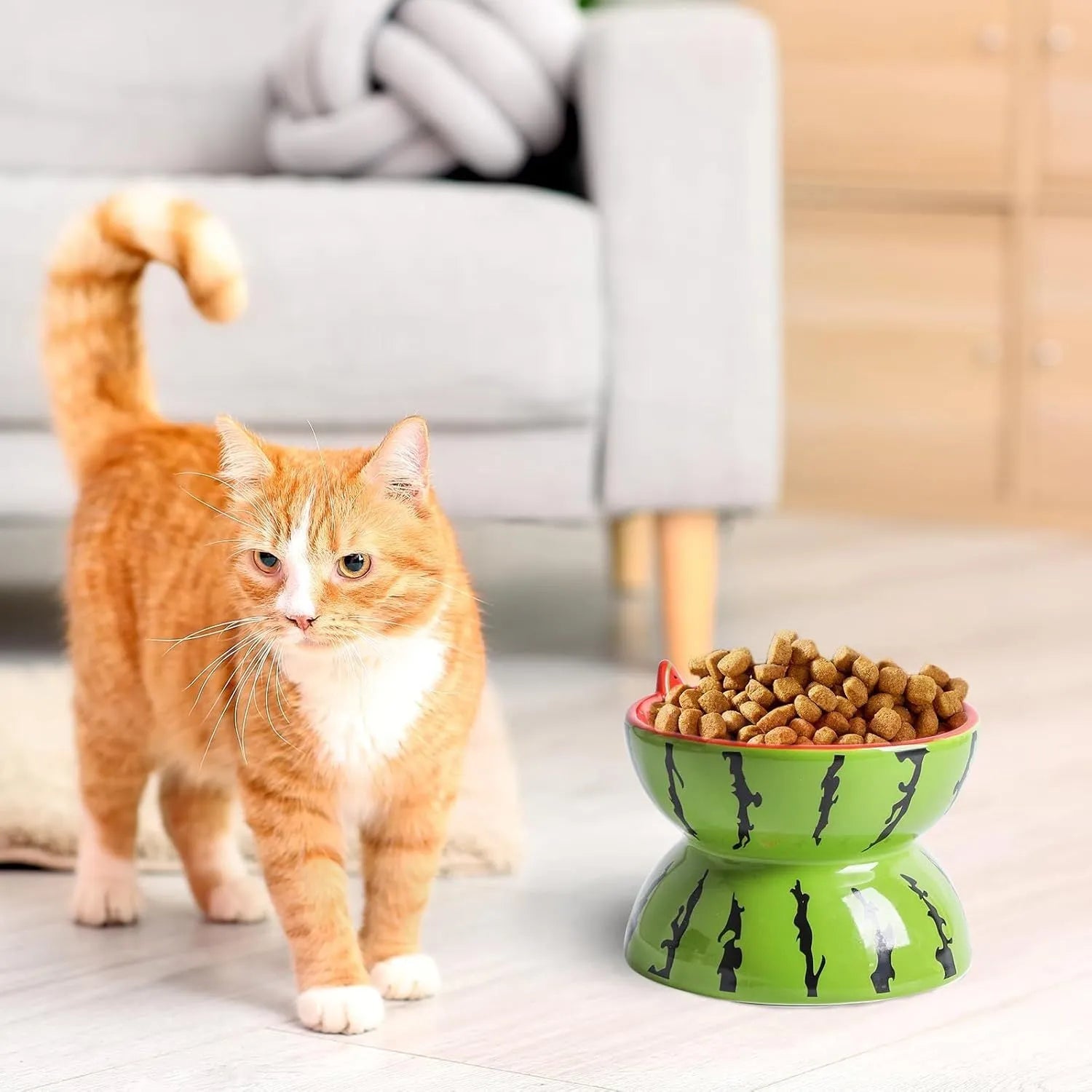 Ceramic elevated cat bowl with tilted design and patterned finish for comfortable pet feeding