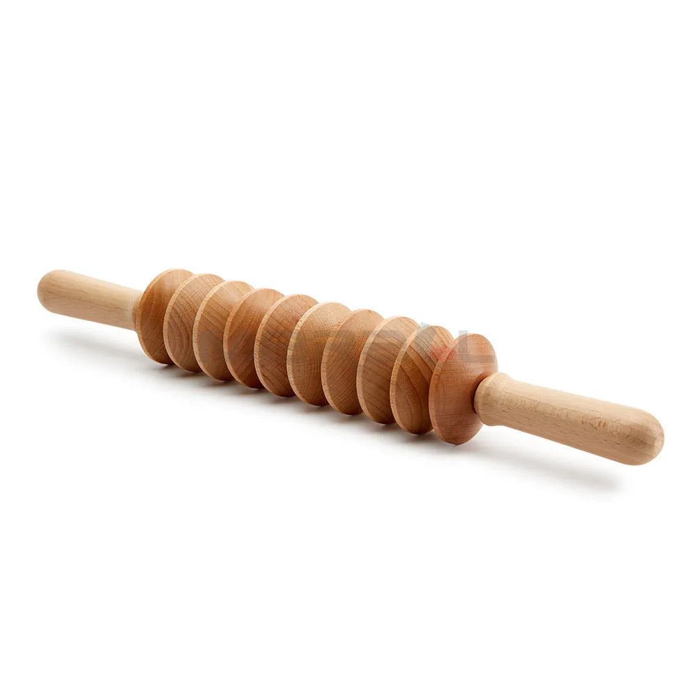 Natural beech wood massage roller set showing T-shaped roller, straight wheel and curved wheel pieces