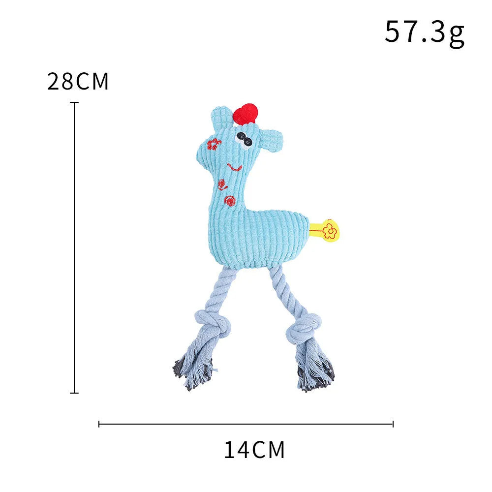 Blue deer shaped plush dog toy with sound feature and corn grain texture