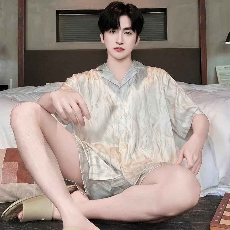Men's artificial silk cardigan pajama set in satin jacquard plaid pattern with shorts