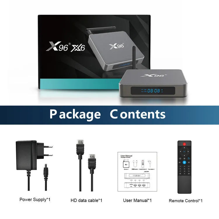 Android smart TV set-top box with voice remote control on a wooden table next to a television.