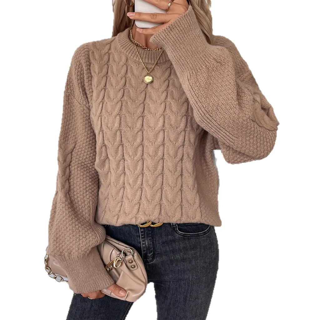 Women's round neck sweater with twist texture in khaki colour, showing loose casual fit