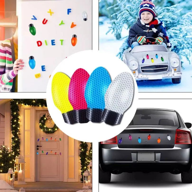 Christmas magnetic reflective light bulb set with 24 bulb shapes and 12 connecting wires on metal surface
