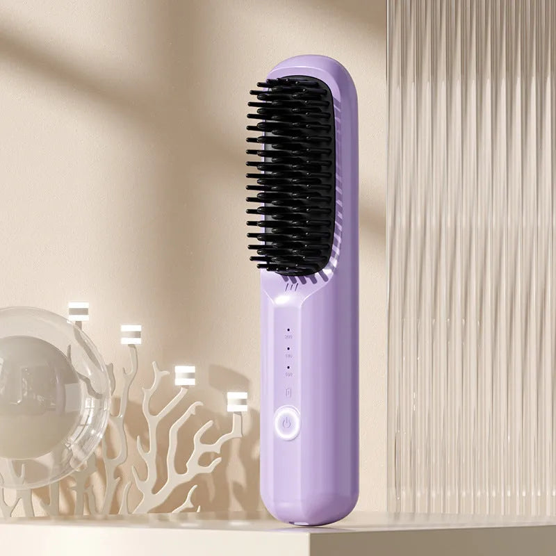 Wireless anion hair straightening comb in beige, showing comb shape and ceramic plates.