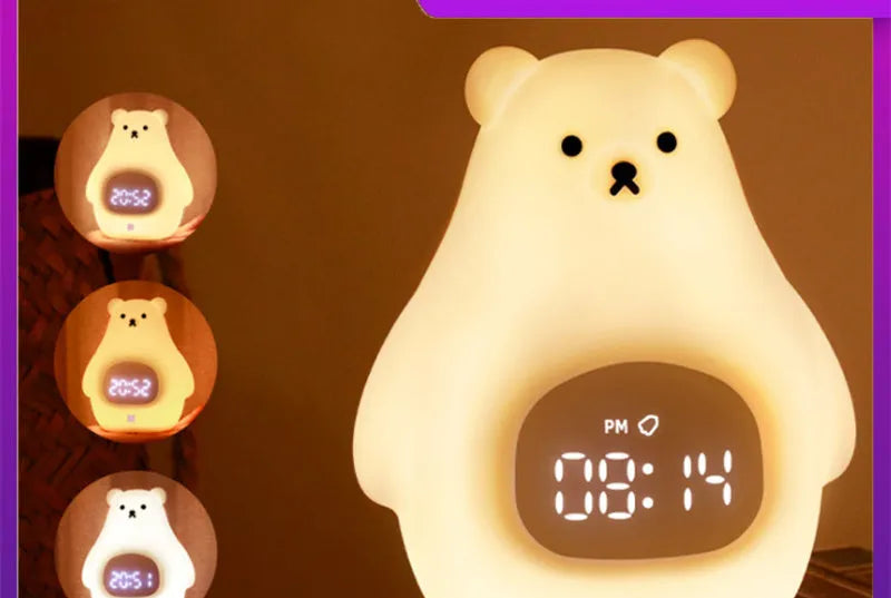 White silicone bear-shaped night light with remote control on a bedside table.
