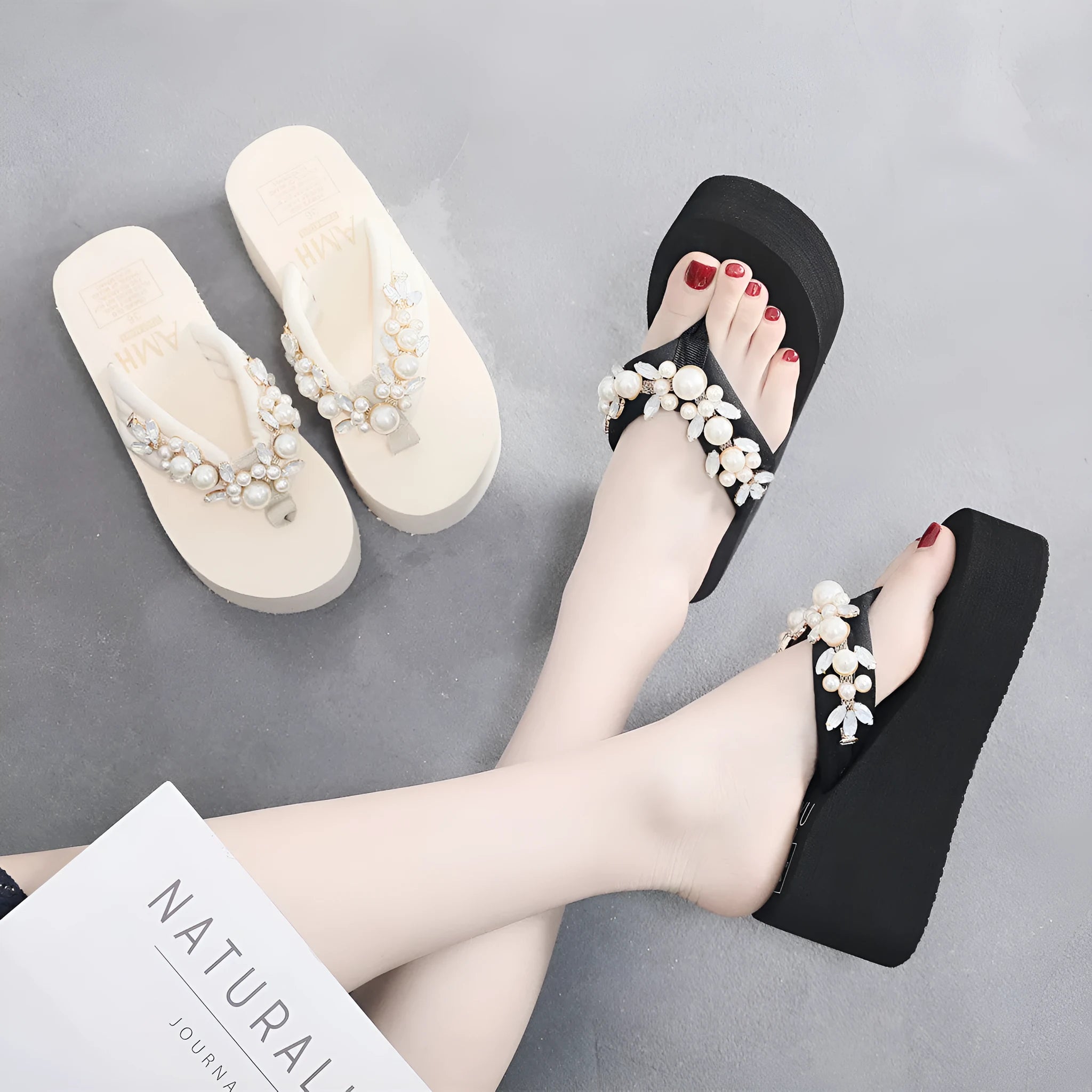 Women's beige high-heeled flip-flops with cotton cloth upper, shown from the side.