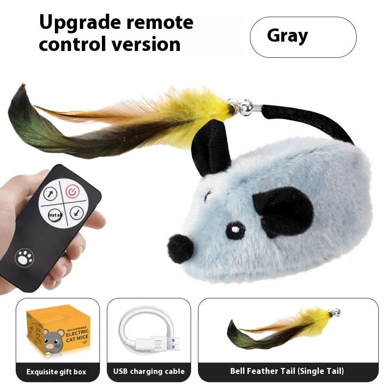 Intelligent charging simulation electric mouse cat teaser toy in grey with double tail decoration