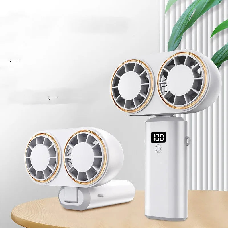 Handheld portable fan with folding neck, digital display and USB charging port